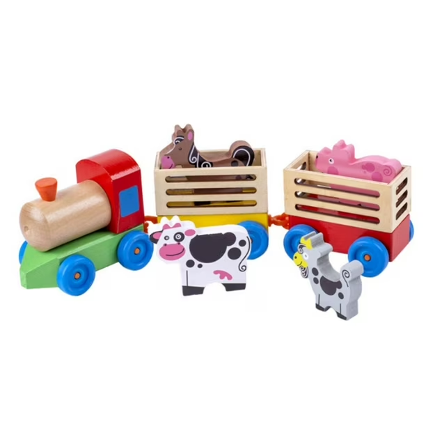 TREN DE MADERA CON ANIMALES DE CAMPO image 0